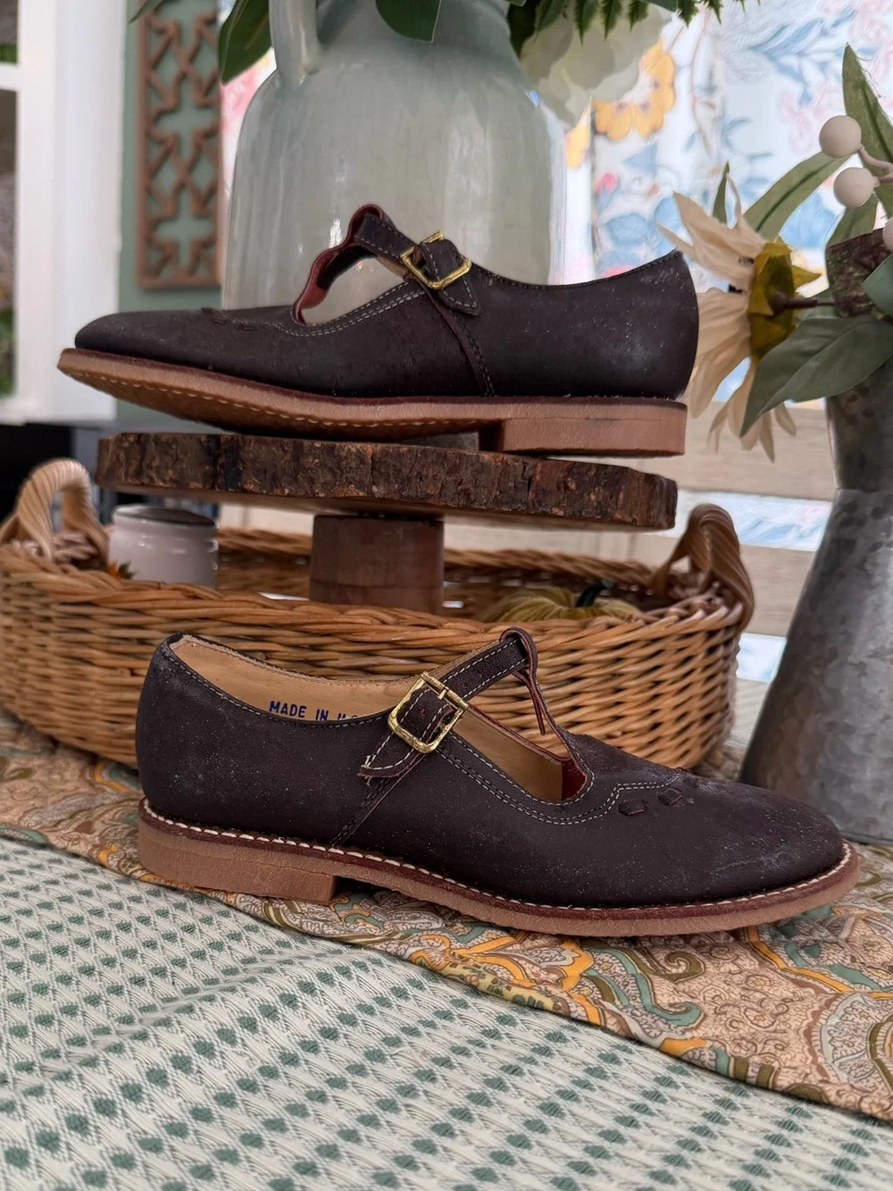 Vintage Handmade Dark Brown Suede Mary Jane Leather Shoes with Buckle Sz 3